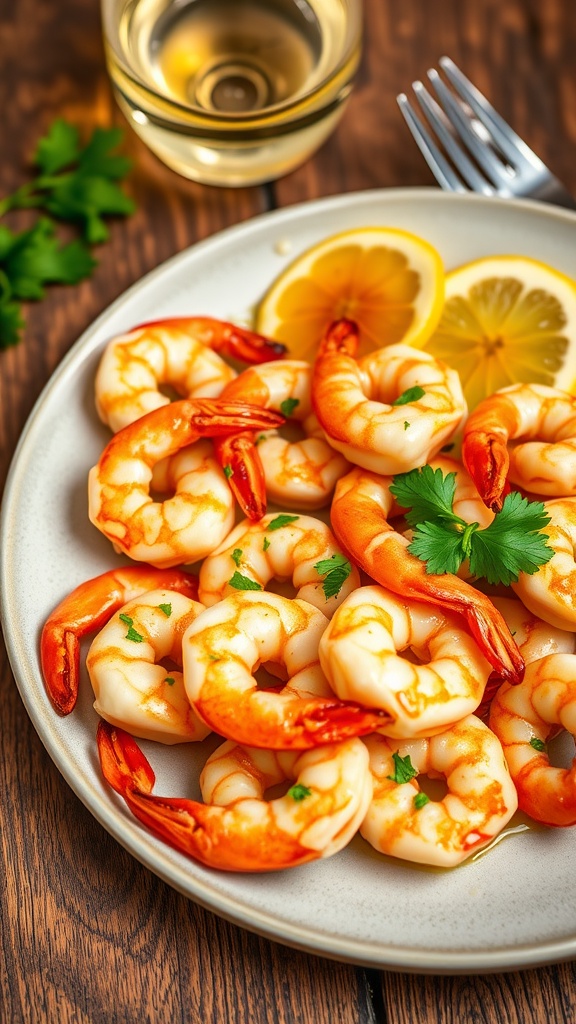 Garlic Butter Shrimp with Lemon Plate of garlic butter shrimp with parsley and lemon on a wooden table.